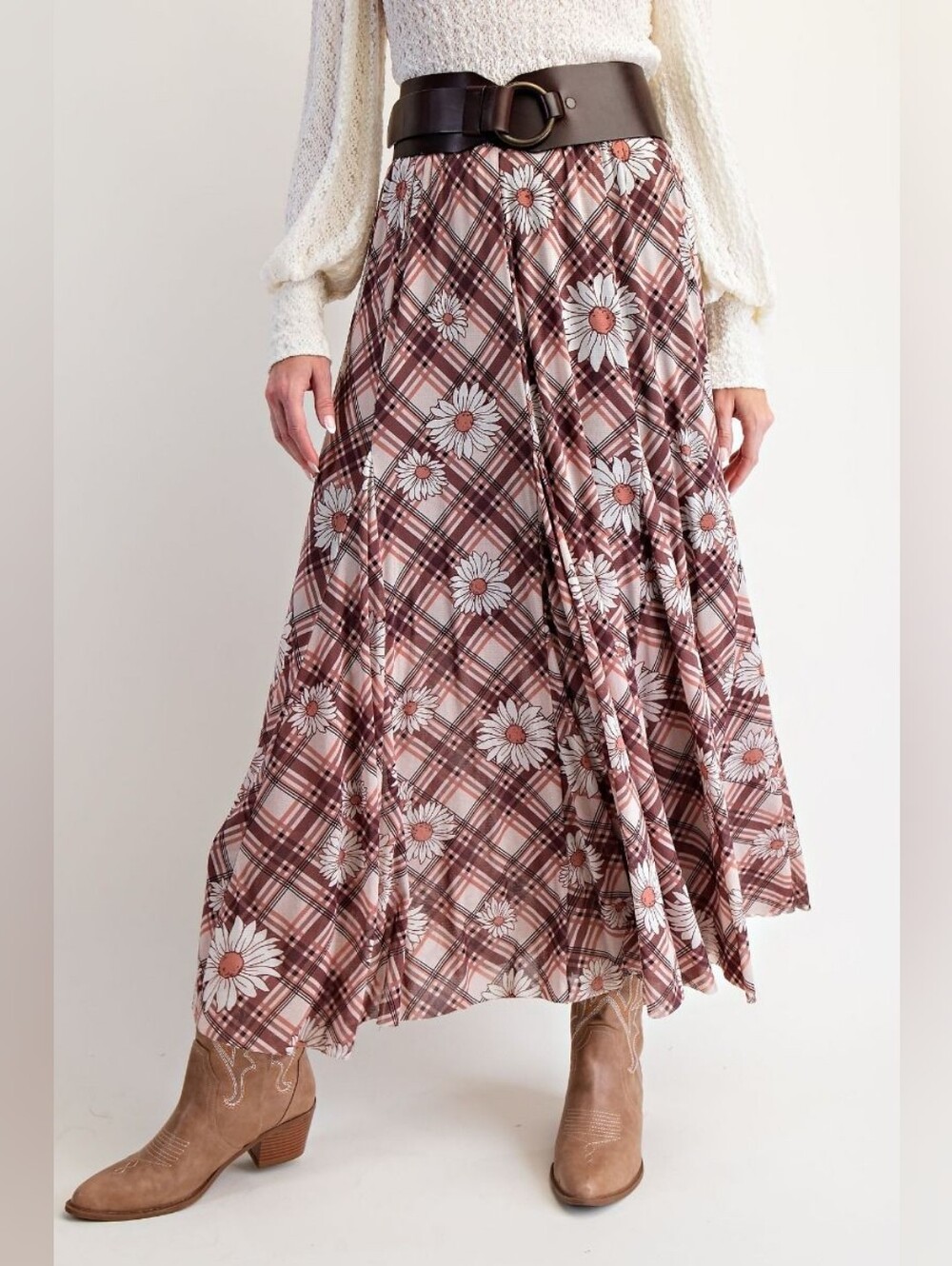 2-0731 Daisy Plaid Mesh Maxi Skirt - Cream Brown Floral